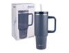 A drink bottle featuring a navy blue design, with a handle and metal accents, accompanied by its packaging.