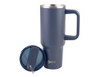 A drink bottle in navy blue with a stainless steel lid and a removable straw, featuring a handle and a logo.