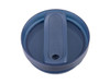 A drink bottle lid in dark blue with a sliding mechanism and a mouthpiece opening, featuring a logo.