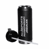 A drink bottle in black with a removable lid and straw, featuring a logo on its surface.