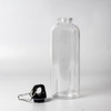 A drink bottle made of clear plastic, featuring a black cap and carabiner.