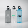 A drink bottle trio featuring grey, clear, and blue options, each with a carabiner and logos.