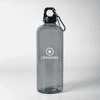 A drink bottle in grey, featuring a carabiner and a logo on the front.