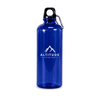A drink bottle in blue plastic with a black cap and carabiner, featuring a logo.