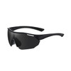 Sports cycling sunglasses in black with a sleek design and a single dark lens. Features a logo on the frame.