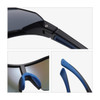 Sports cycling sunglasses featuring a black frame and blue accents, with a close-up of the adjustable nose pad and temple tips.