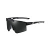 Frameless sports sunglasses in black with a sleek design and wide lenses. Featured with a logo on the side.