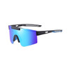 Frameless sports sunglasses with a sleek black frame and large blue gradient lenses. Features a logo on the frame.