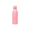 A drink bottle with a sleek, powder-painted finish in pink, featuring a cap and a logo.