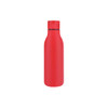 A drink bottle in vibrant red, featuring a sleek thermal design and a fitted cap. It has a logo on the surface.
