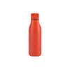 A drink bottle in bright red with a sleek, matte finish and a black lid. It features a logo on the surface.