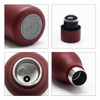 A drink bottle in deep burgundy, featuring a sleek design with a stainless steel interior and a branded lid.