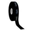 A roll of black cotton ribbon with a printed logo. The ribbon is smoothly unrolling from the centre.
