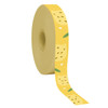 A roll of yellow cotton ribbon featuring a decorative pattern of leaves and fruit shapes. It has a branding logo.