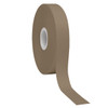 A roll of satin polyester ribbon in a light brown shade, featuring a central white core and smooth finish.