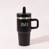 A drink bottle featuring a black exterior, double wall design, and a handle. It includes a logo on its surface.