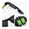 Slap band sunglasses with black frames and bright green bands for adjustable fit. Features a logo on the frame.