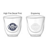 A drink container featuring a clear double wall design with a logo and two styles of print: decal and engraving.
