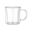 A transparent double wall mug with a curved body and a handle, showcasing a sleek glass design.