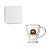A V-shaped double wall mug in clear glass with a handle, accompanied by a plain white box.