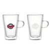 A double wall glass mug with a transparent design and a logo on one side, featuring a handle.