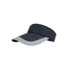 A navy blue sun visor with a grey peak and a wide band for comfort, featuring a logo on the side.