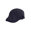 A navy beret hat featuring a soft fabric and a adjustable strap at the back.