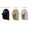 Baseball caps with neck flaps in black, khaki, and grey, featuring different designs and logos.