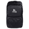 A black laptop backpack featuring a front pocket and a logo. It has padded shoulder straps for comfort.