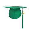 A green mortarboard graduation cap with a tassel featuring the year 2025 and a logo.