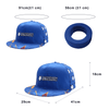 A large blue baseball cap featuring white decorations and a logo, with dimensions displayed around it.