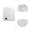 A white disposable non-woven chef hat featuring pleats and a logo. It includes a secure closure on the inside.