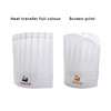 A white disposable chef hat with pleats, featuring a logo. Two styles are shown: heat transfer and screen print.