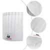 A disposable non-woven chef hat in white featuring ventilation holes and a logo at the base.