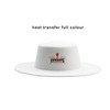 A white felt fedora hat featuring a logo on the front and a flat top design.