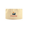 A cream chef skull cap featuring a logo in navy blue and orange.