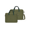 A green sling laptop bag with a buffer pad, featuring handles and a removable shoulder strap. It has a logo.