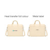 A beige laptop bag with handles, featuring a logo and a metal label, designed for carrying laptops.