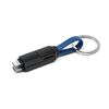 A black 3-in-1 charging cable with a blue keyring attachment, featuring multiple connector types.