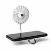A white rechargeable fan with a flexible arm attached to a black phone stand. It includes a logo on the fan.