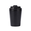 A stainless steel coffee mug in matte black with a screw-on lid and a logo. Perfect for on-the-go beverages.