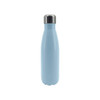 A drink bottle with a light blue body and stainless steel cap, featuring a logo on the side.