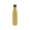 A drink bottle in a soft yellow hue with a stainless steel silver cap and a logo on the surface.