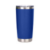 A drink bottle featuring a blue exterior and stainless steel base, with a double wall design and a clear lid.