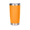 A drink bottle with a vibrant orange body and a stainless steel rim, featuring a logo on its surface.