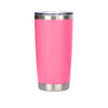 A drink bottle in a vibrant pink with a stainless steel base and a clear lid, featuring a logo.