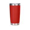 A drink bottle made of recycled stainless steel with a red exterior and a double wall, featuring a silver trim and a lid.