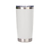 A drink bottle in white with a stainless steel base, featuring a clear lid and a simple design, includes a logo.