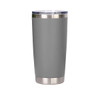 A drink bottle in grey with a stainless steel double wall and a clear lid. It features a branding logo.