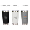 A drink bottle, 500ML recycled stainless steel, featuring black, white, and grey finishes with various logos.